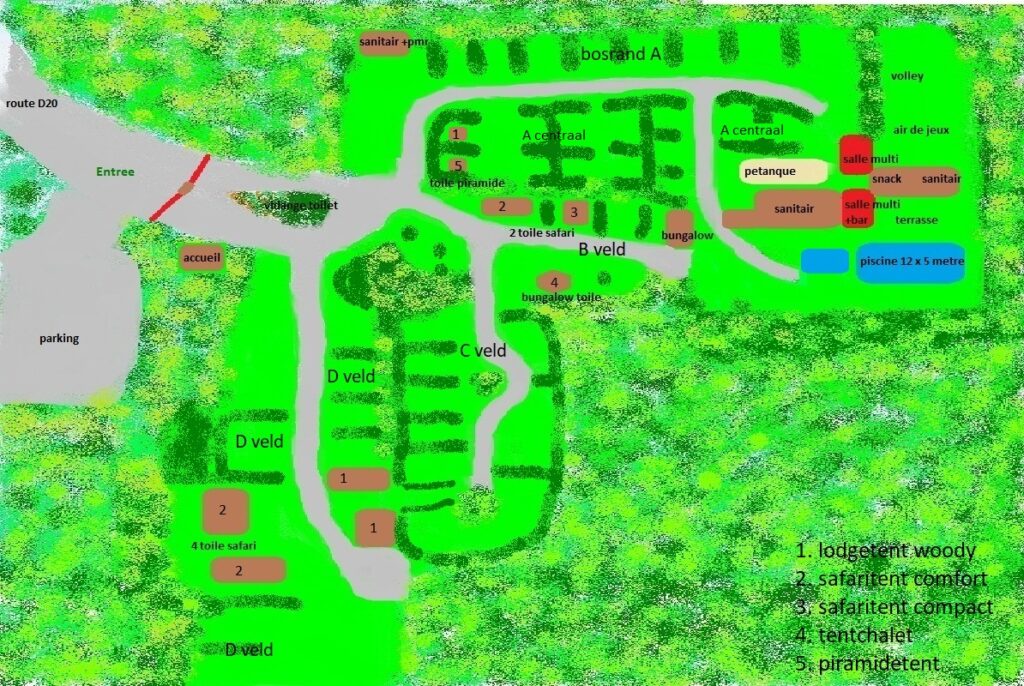 plattegrond camping chantegril in zones ingedeeld